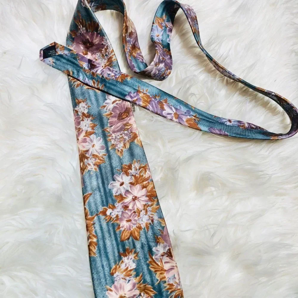 Lord & Taylor Floral Mens Tie Blue Orange‎